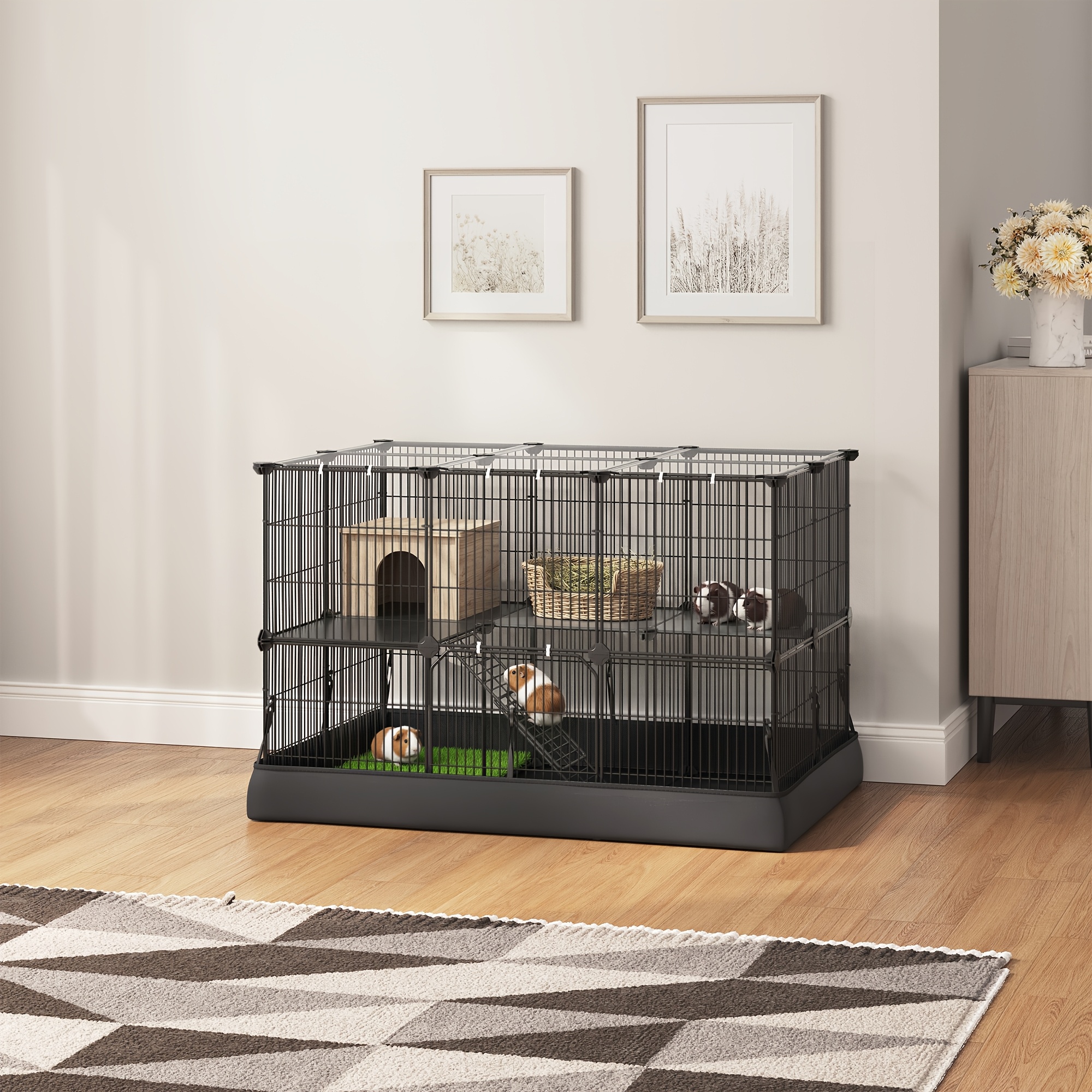 Convertible Rabbit Cage Or Small Animal Playpen For Indoor Outdoor Use. Durable Mat Protects Floors From And Urine. Two-tier Design With Top And Side Door. 35 Panels, 36.6 X 24.8 X 24.2 Inches