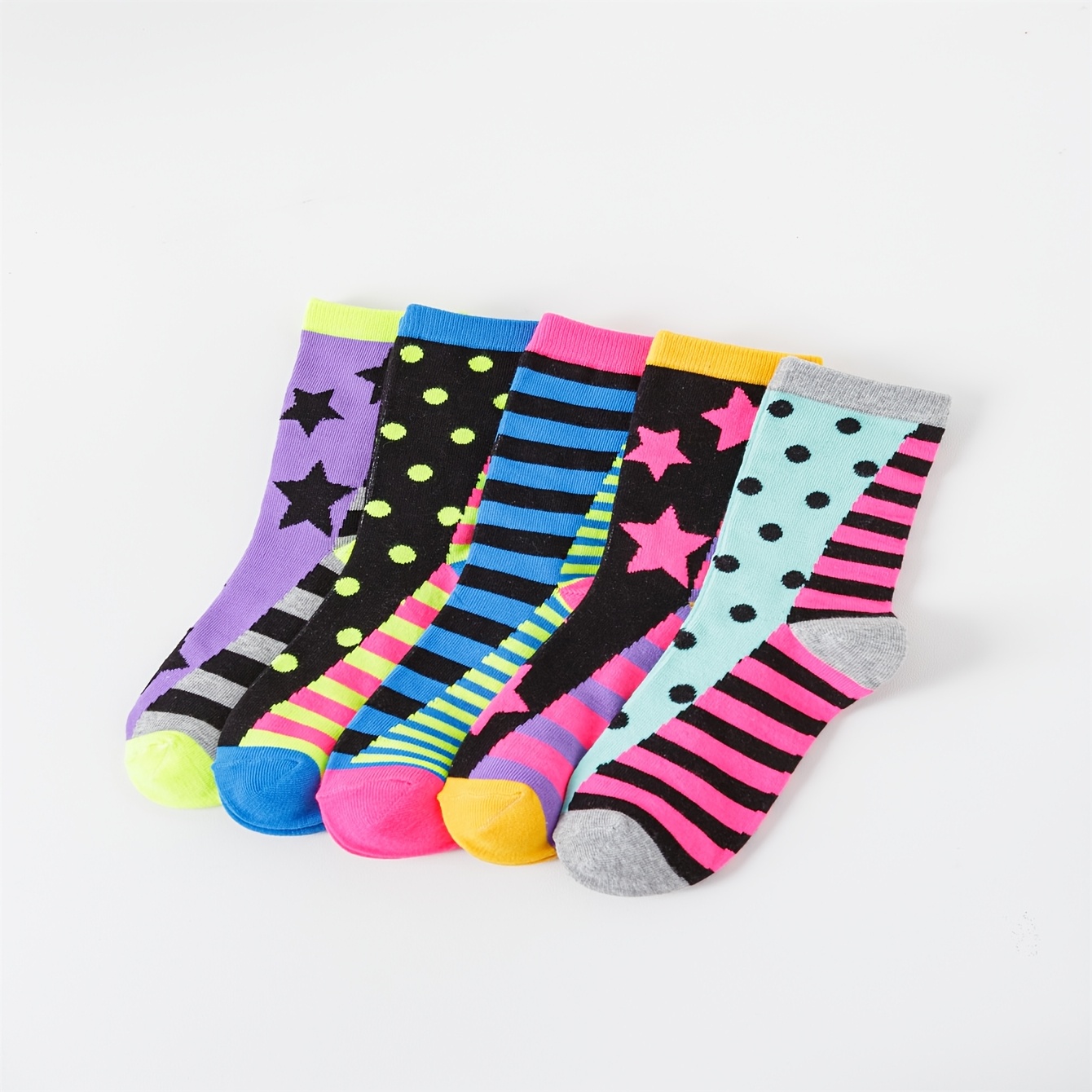 

5pcs Women' Mid-calf Socks - Star & Pattern, Breathable Polyester , Hand Washable