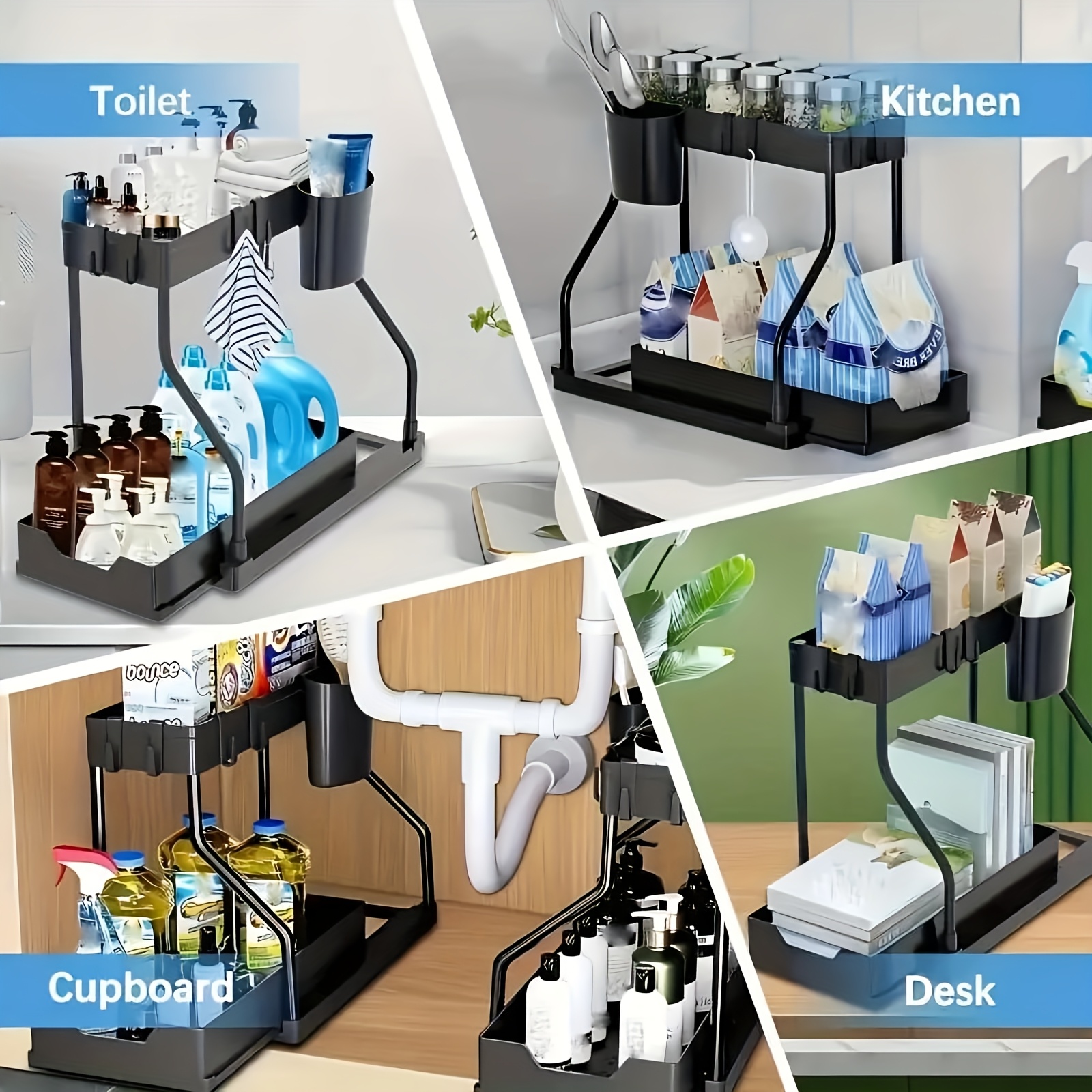 2-Pack Under Sink Organizer with Sliding Shelves, Black and White Plastic Storage Baskets for Bathroom and Kitchen Cabinets
