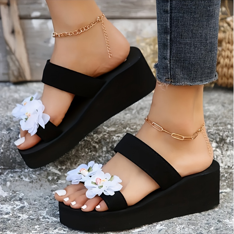 Women's Black Floral Slide Sandals - Summer Casual Wedge Heel with White Flower Decor, Open Toe, EVA Sole, Comfortable Outdoor Beach Shoes, Ladies Sandals