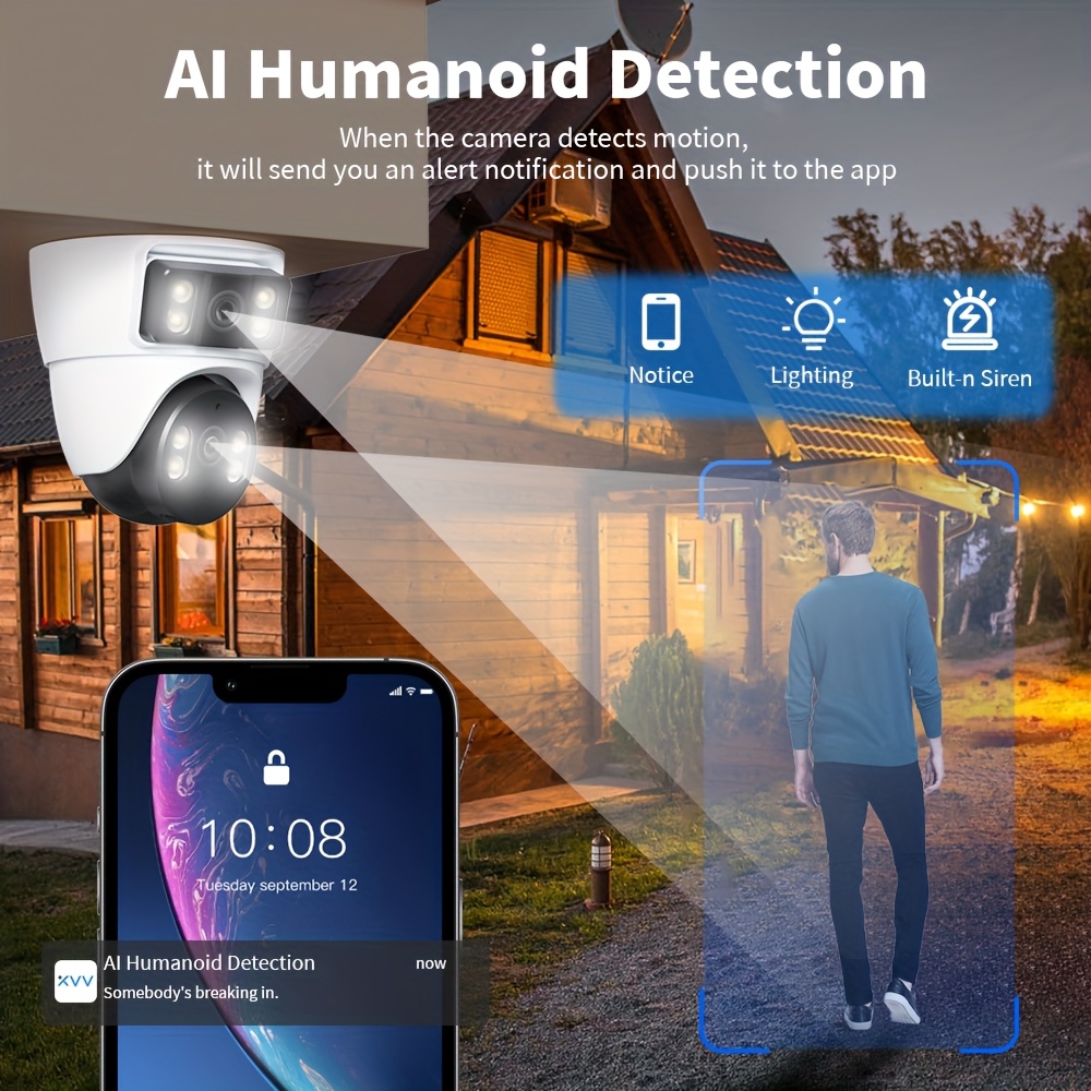 Image showing a person communicating through the camera's two-way audio feature with children outside, and another person viewing the feed on a smartphone.