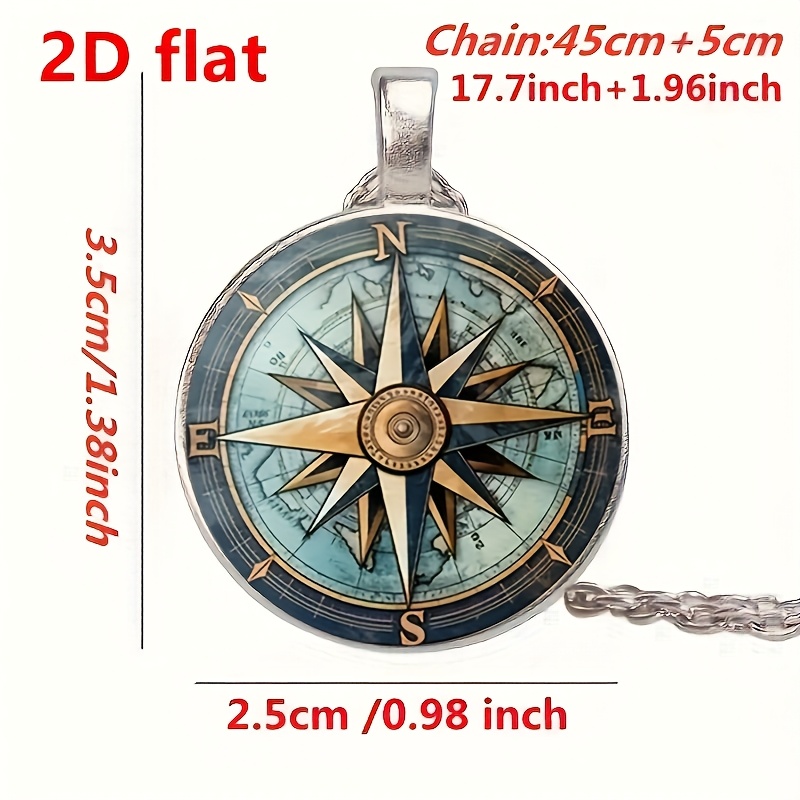 Compass Pattern Glass Pendant Necklace, Unisex Vintage Style