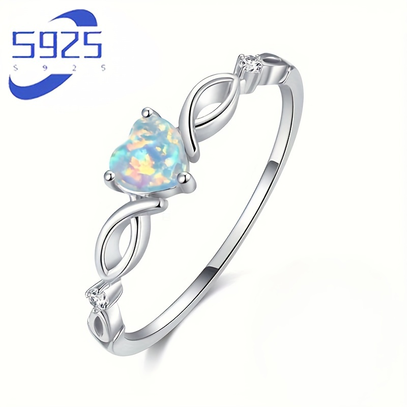 

925 Sterling Silver Ring Inlaid Shining Opal In Heart Shape Silvery Or Rose Golden Pick A Color U Prefer High Quality Valentine's Day Gift For Female
