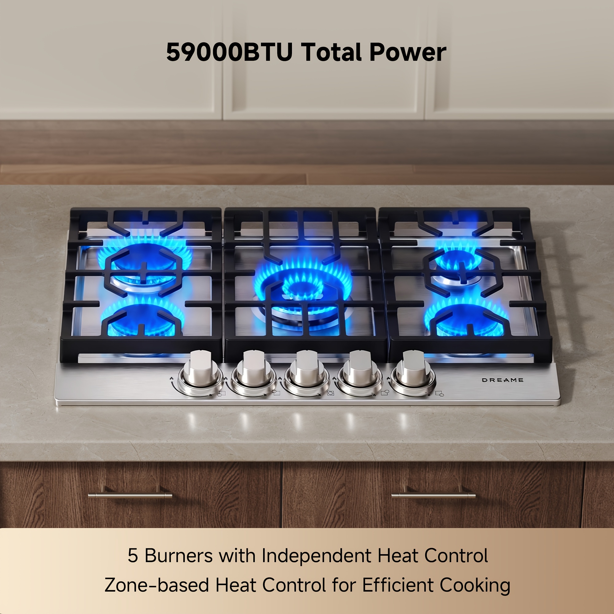 Dreame CZ601 30-inch Gas Cooktop with 5 SABAF Burners Max 22, 000 BTU Built-in Gas Stove Top, Easy to Clean, LP/NG Convertible, CSA for Apartment, RV, Kitchens