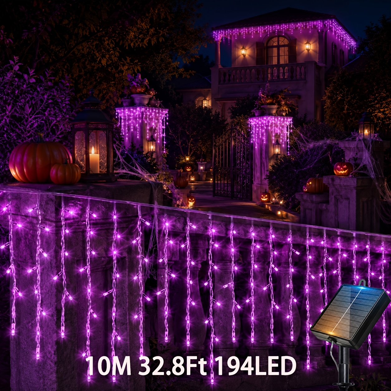 TEMU 194/104led Solar Icicle Christmas Lights Outdoor, 8 , Christmas Decoration, Roof Decor, Ipx4, Cascading Waterfall Glow For Halloween Yard Decor,