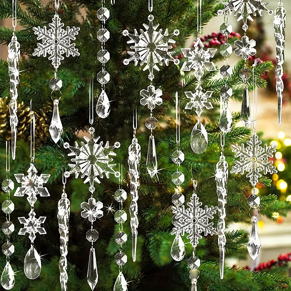 TEMU 20-piece Contemporary Acrylic Snowflake And Icicle Ornament Set - Translucent Christmas Tree Decorations For Holiday, Winter, New Year - No-electricity Festive Hanging Charms Without Feathers