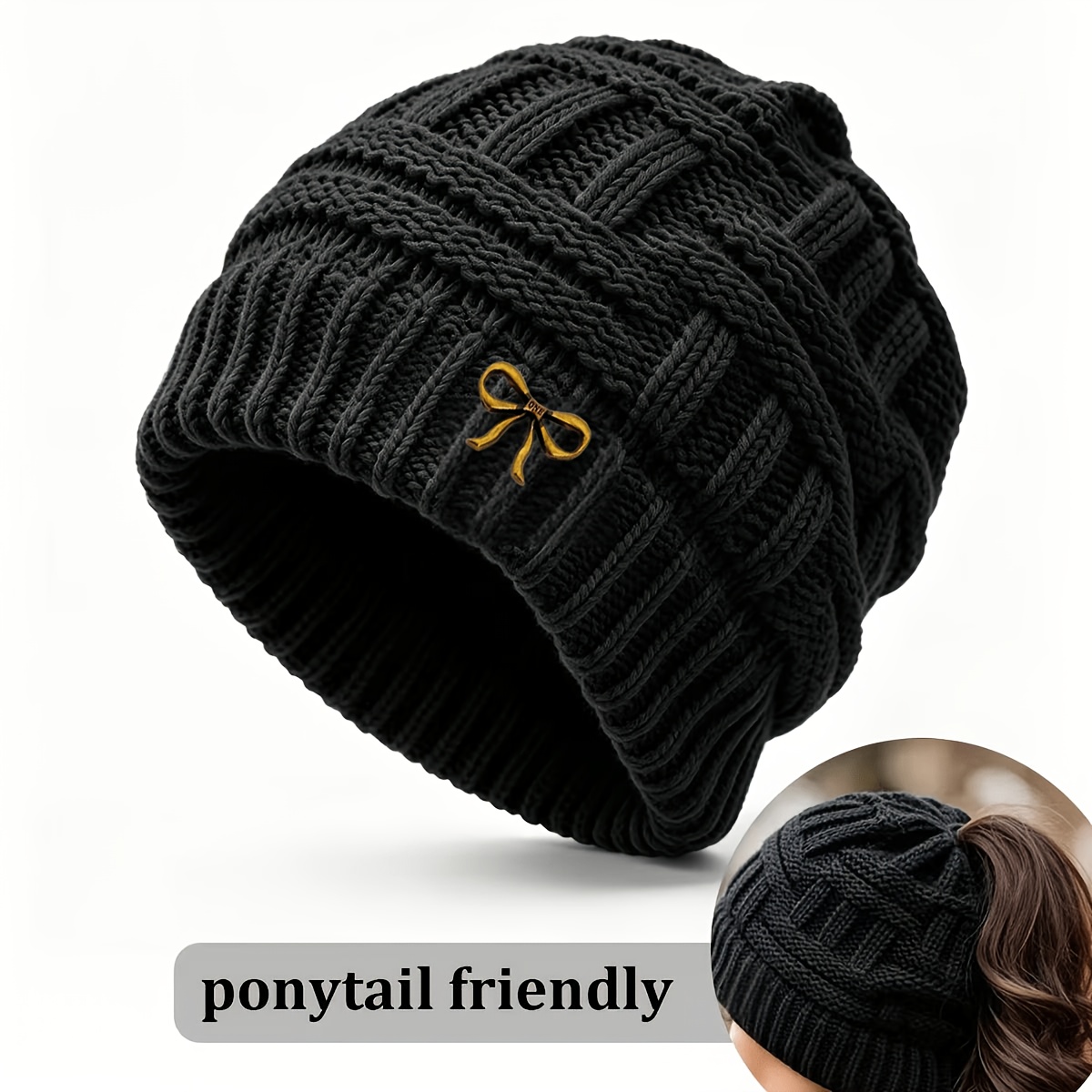 TEMU Leichte Pferdeschwanz-Beanie-Mütze für Damen mit Schleifen-Dekor – Handwaschbare, mit Schleife akzentuierte Wintermütze, geeignet für Herbst,