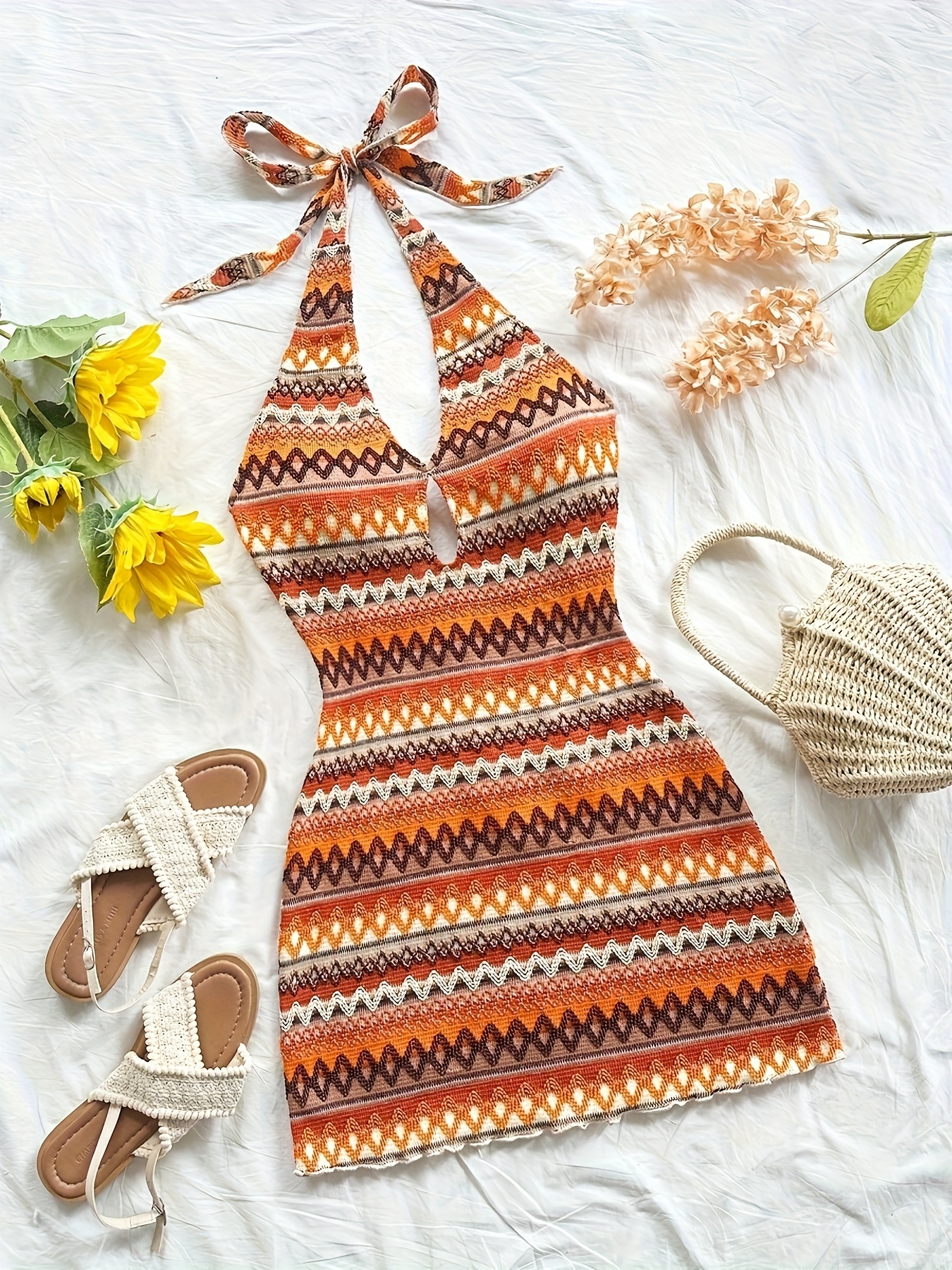 * Striped Backless Mini Beach Dress Vacation Backless Dress Vacation  Backless Summer Halter Dress Bohemian Style Summer Party