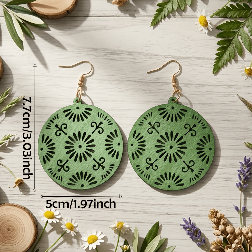 4-Pair Vintage Round Mandala Wooden Drop Earrings Set