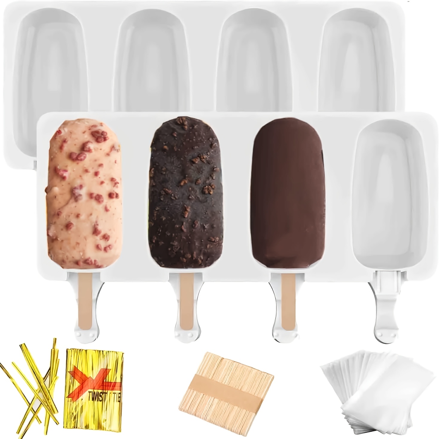 TEMU 2pcs Large Silicone Popsicle Molds Set, 4 Cavities Cake Pop Molds, Oval Ice Mold Ice Pop Cakesicle Molds Silicone With 50 Sticks And 50 Bags And