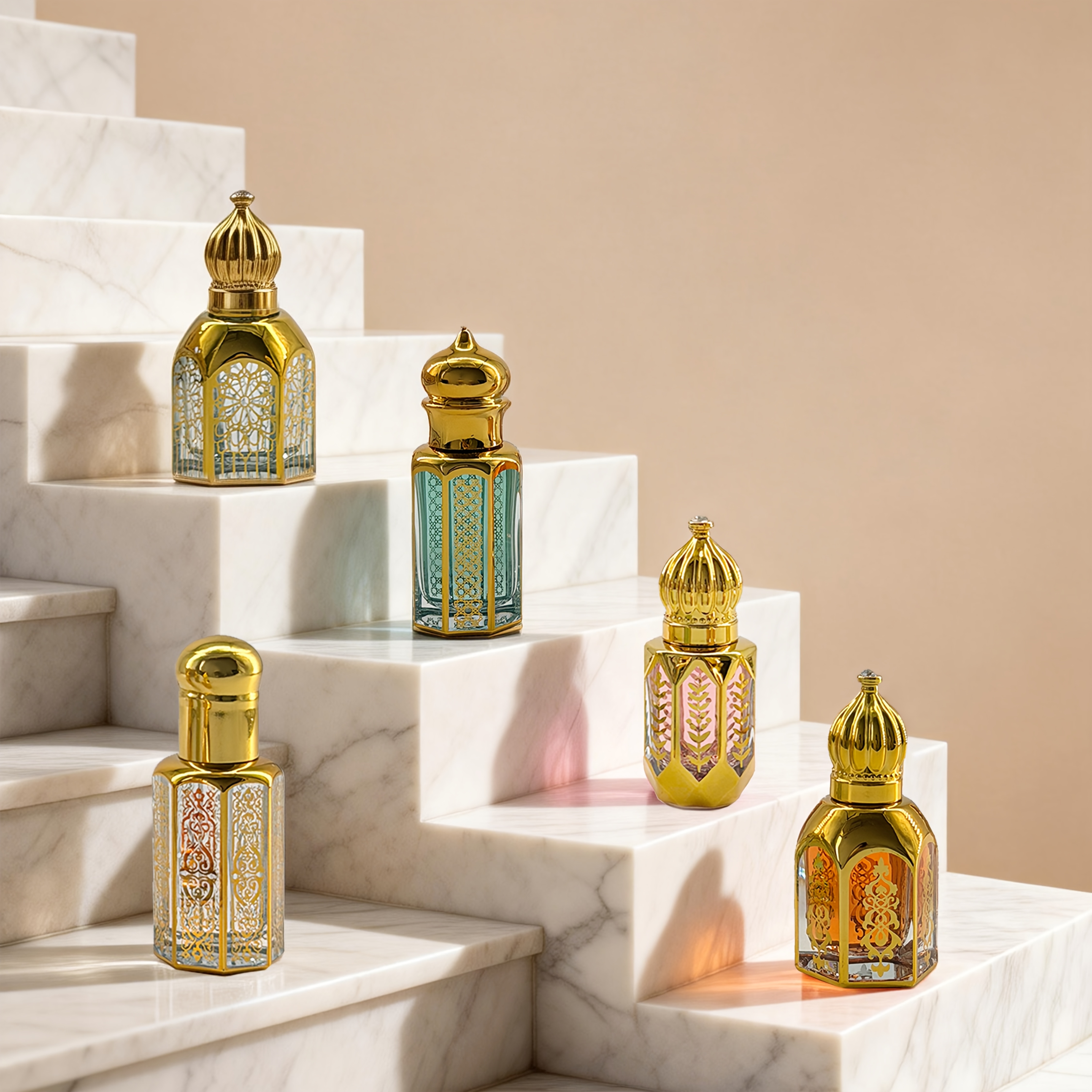 A Set Of 5 Gift Boxes Featuring Unique Arabian-style Fragrances | Options , Saffron, And Amber Wood. And Exquisite Packaging Perfect For Personal Use Or As A Versatile Gift For Christmas