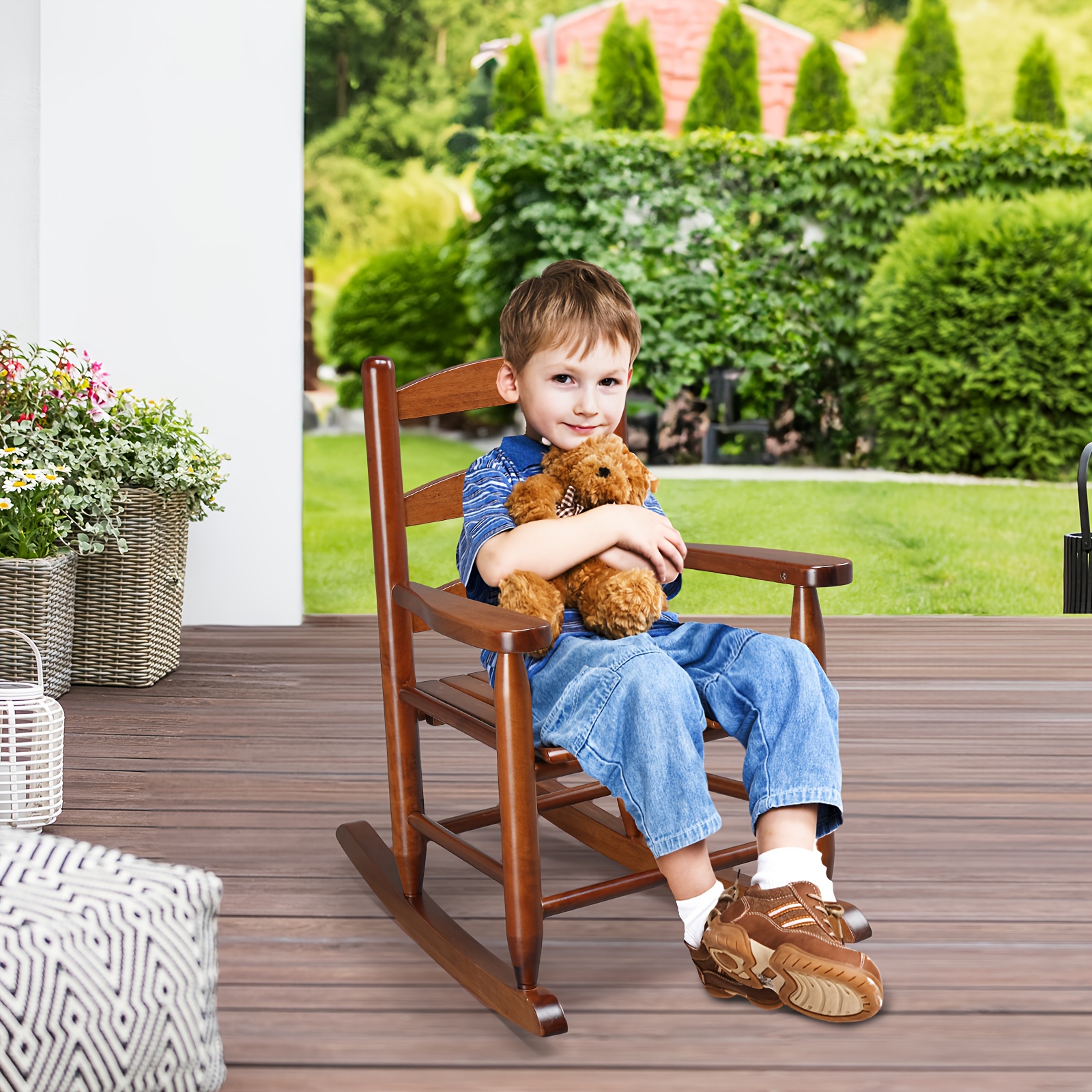 Kids Rocking Chair for 3-6 Ages, Small-Size, 14.8 X 18.5 X 22.6In, Solid Wood Material, All-Weather Wooden Porch Rocker with High Backrest, Ideal for Outdoor&Inddor, Birthday/Festival Gift for Children, Teak