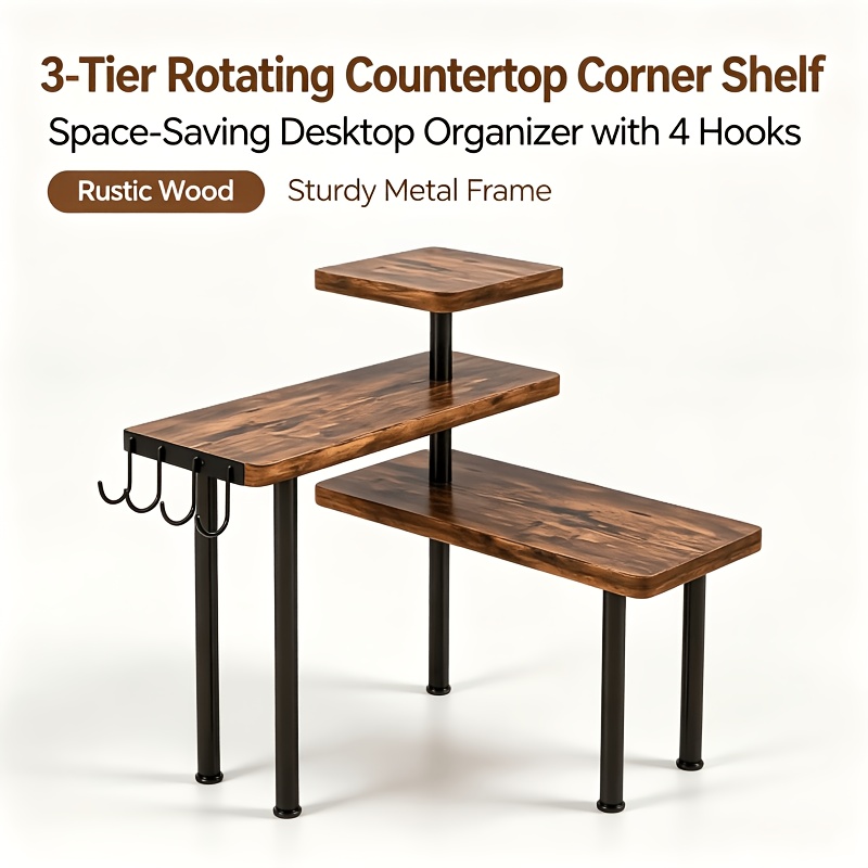 Image of Wooden Rotating Storage Shelf, Multi Purpose Organizer For Kitchen Coffee Corner Countertop, Desktop Corner Wall Mounted Rack, Great For Back To School Gifts, Holiday , Local Warehouse Stock