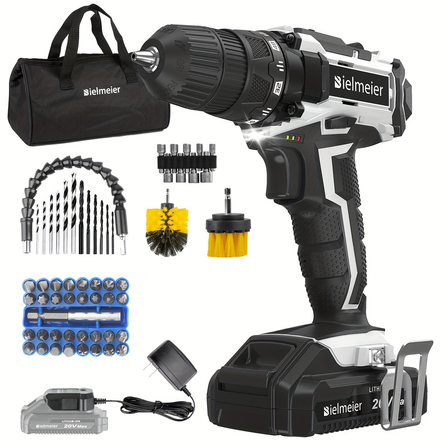 

20v Max Cordless Drill Set, 285 In-lb Torque, 2 Variable Speed, 64+1 Position, 3/8" Keyless Chuck, Drill Machine Includes 2 Brushes, Flex Shaft, Cloth Bag & 58 Drill Bits