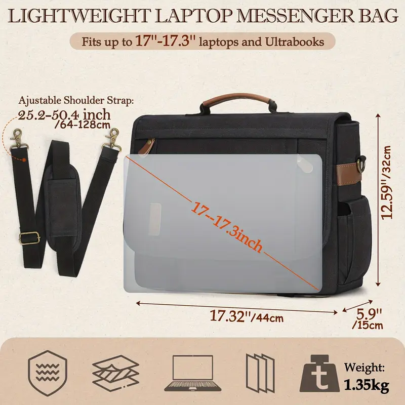 messenger bag for men 3 inch laptop bag canvas computer shoulder bag office work briefcase large casual satchel bags for men bookbag for college black details 2