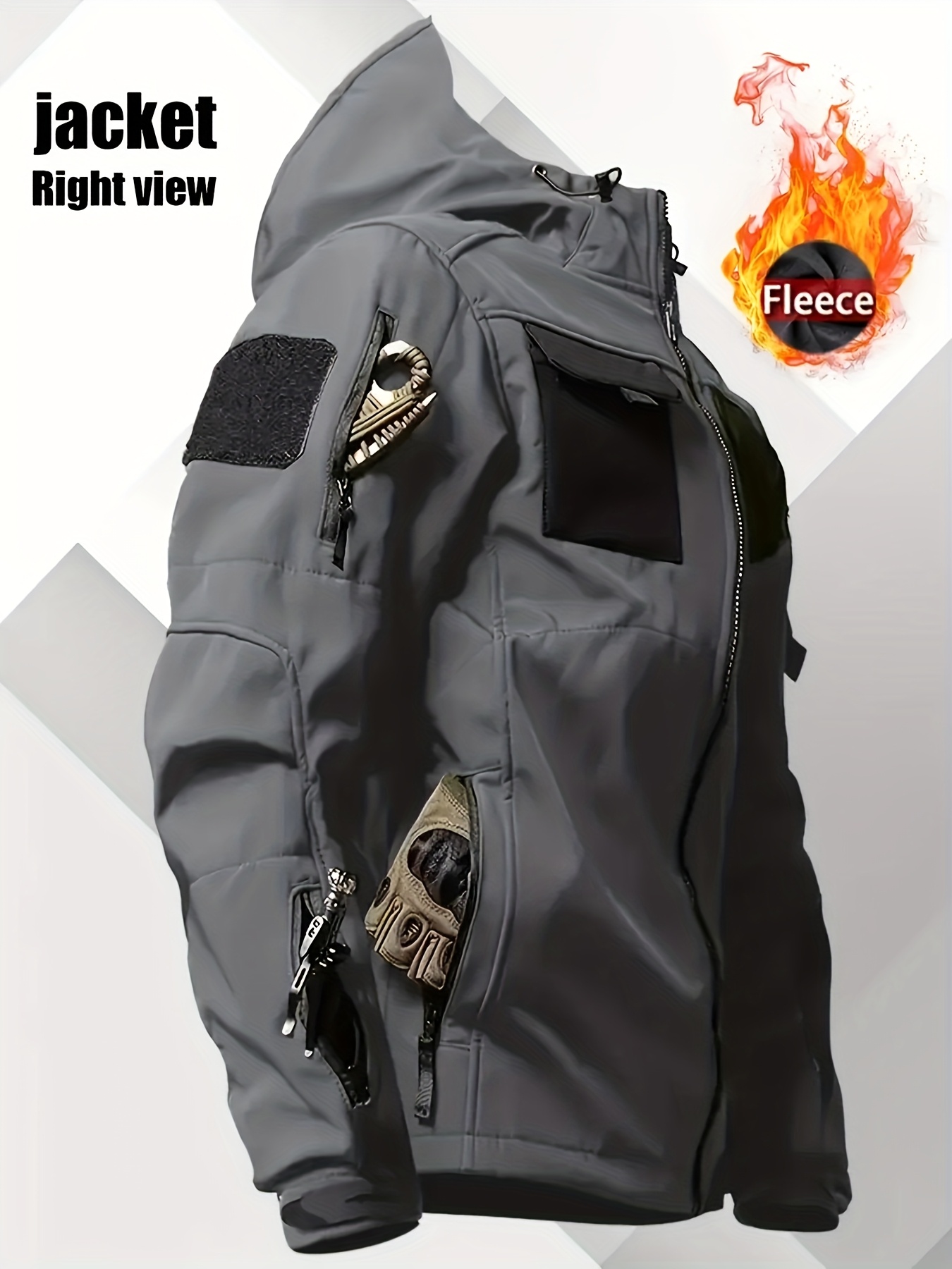 Men's Warm Hooded Zip-Up Shell Jacket with Pockets for Outdoor Activities