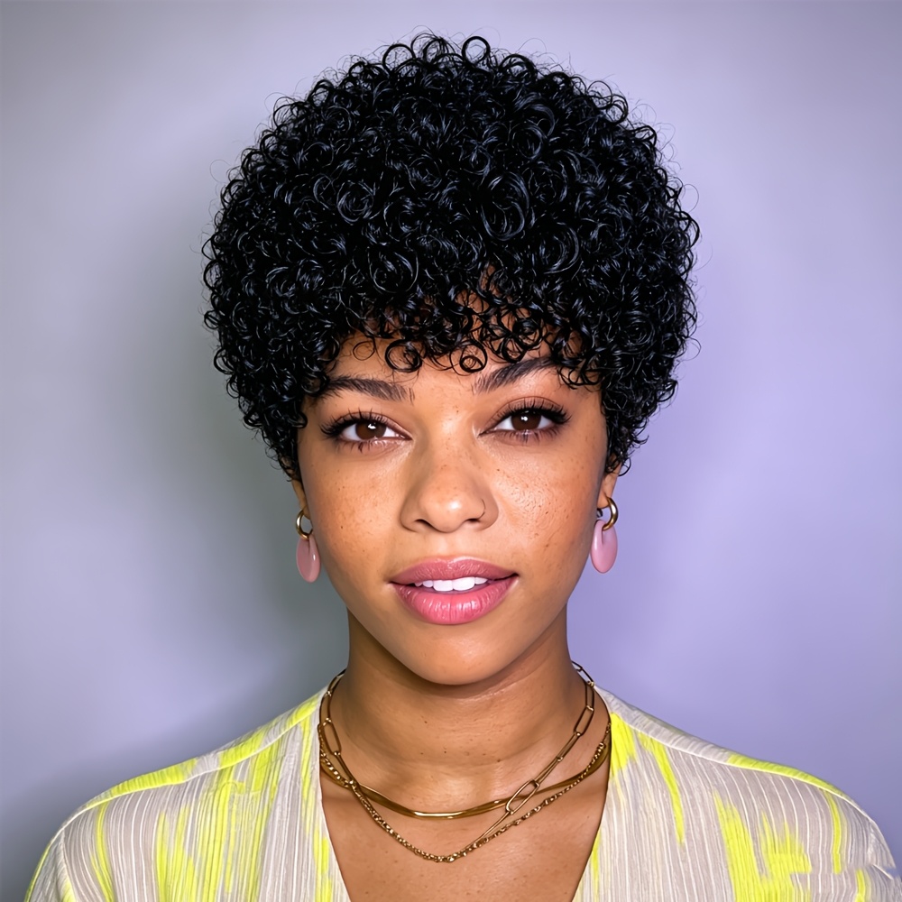 bob curly wig synthetic short black wig with bangs natural  display picture 1