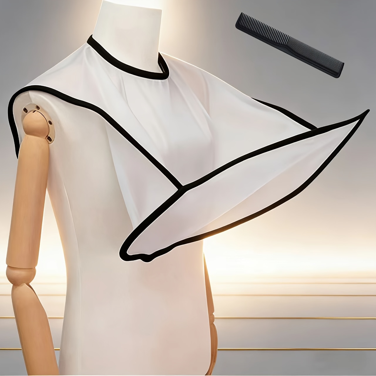 E-shop Ein stilvoller, weißer Rasierumhang mit einem leichten, schwarzen Kamm. Dieser faltbare Friseurumhang ist für die zu Hause. Es handelt sich um