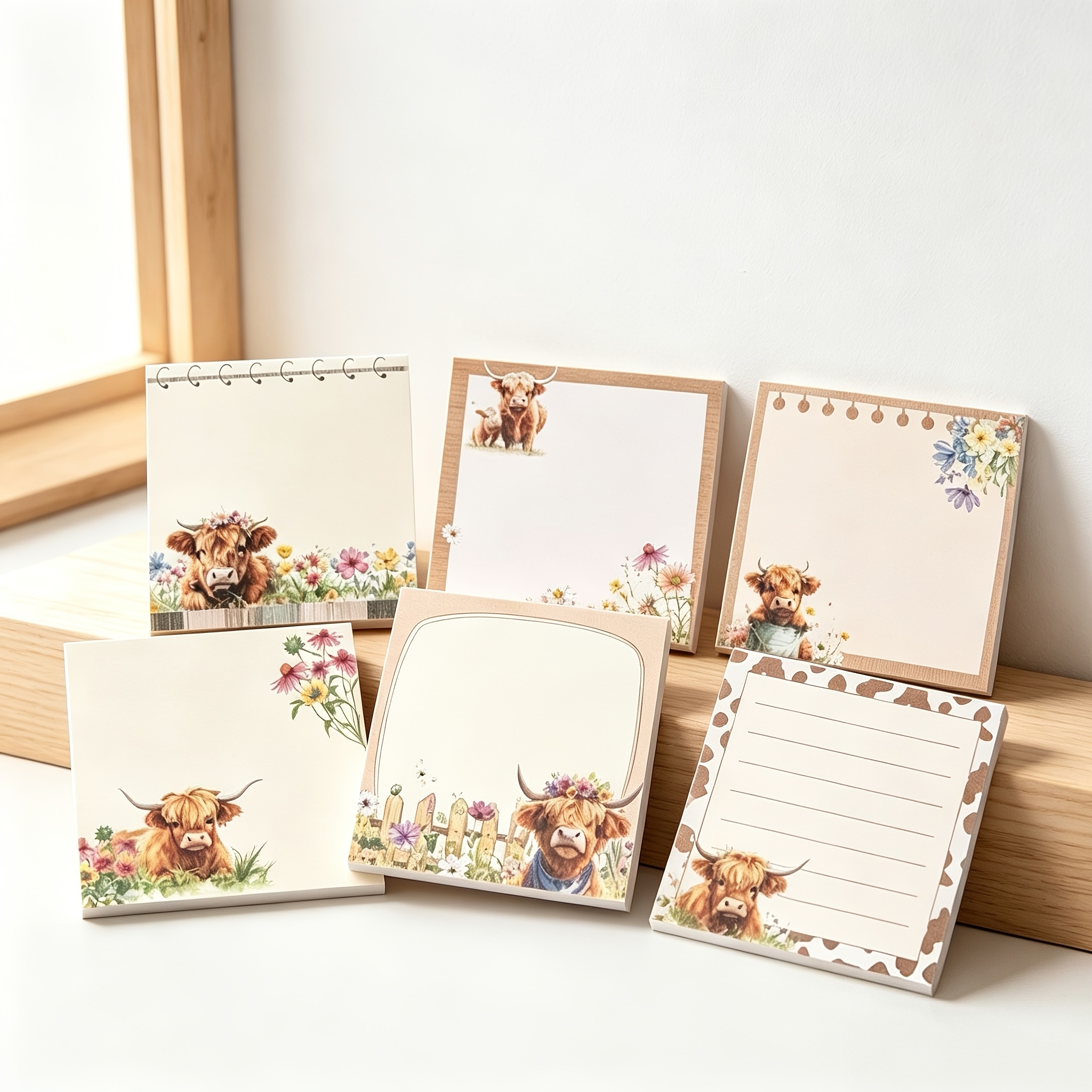 TEMU 6 blocs/300 feuilles de notes autocollantes florales avec vache des écossaises, avec une couleur de base douce café-lait, des illustrations de