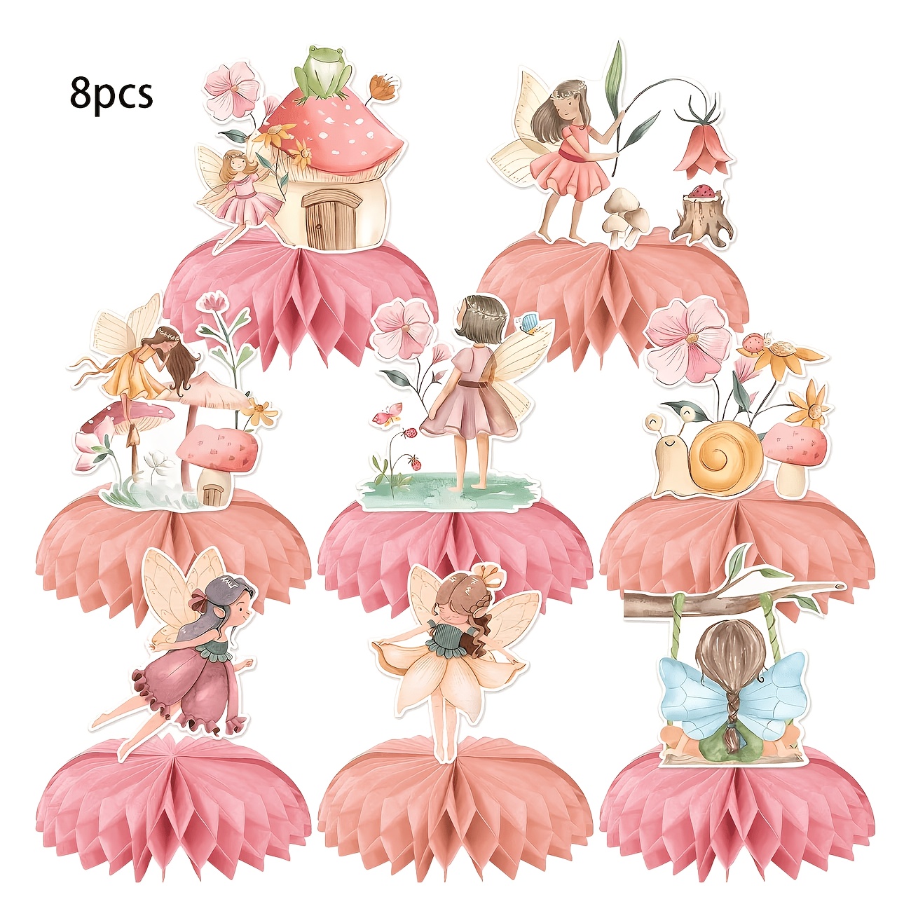 TEMU 8pcs Fairy Honeycomb Desktop Ornament Set, Pink Table Centerpiece, Fairy Party Table Centerpiece, Flower Fairy-themed Party Decoration, Princess