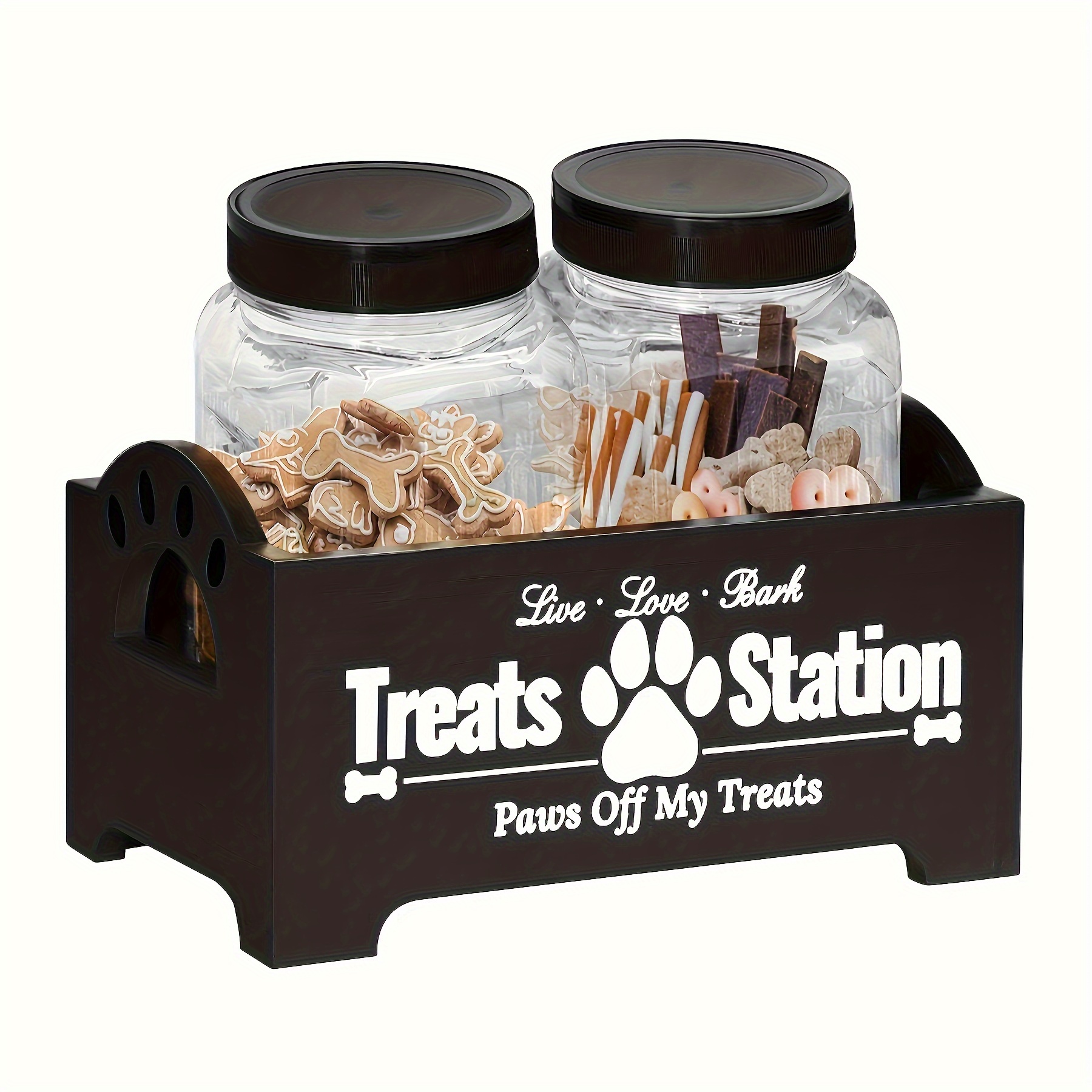 

3pcs Dog Treat Container, Farmhouse Pet Food Container, Pet Food Storage Organizer, Wooden Dog Treat Holder With 2 Plastic Dog Treat Jars
