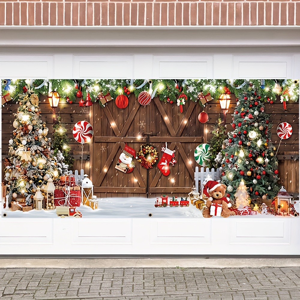 

1pc, Christmas Rustic Barn Door Garage Door Banner, Polyester Christmas Tree Bear Suitable For Happy New Year Indoor Outdoor Party Supplies Garden Decoration (71x157 Inches)