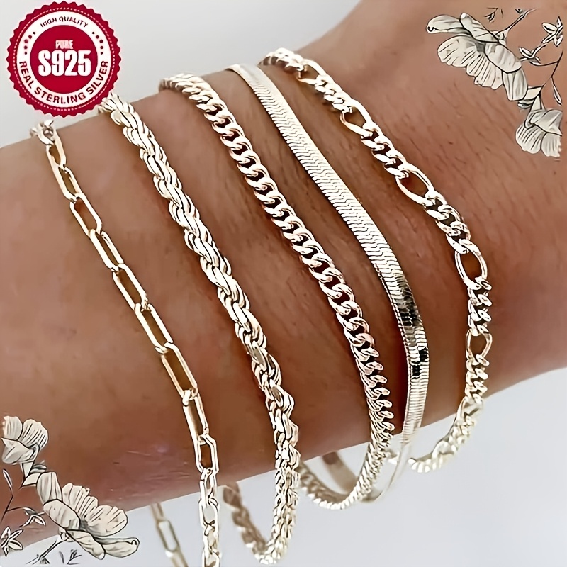 TEMU 925 Silver Cuban Link Handcrafted Bangle Set - 5pcs, Elegant Women's Fashion Jewelry, Gift For Casual Wear