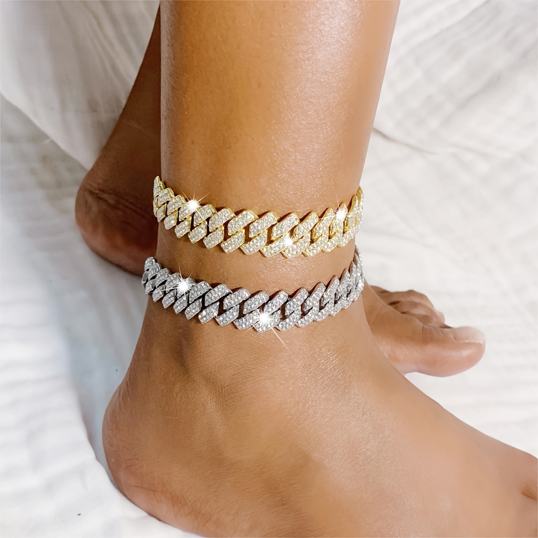 

Hip-hop Style Shiny Rhinestone Cuban Chain Anklet Foot Jewelry Gift For Women