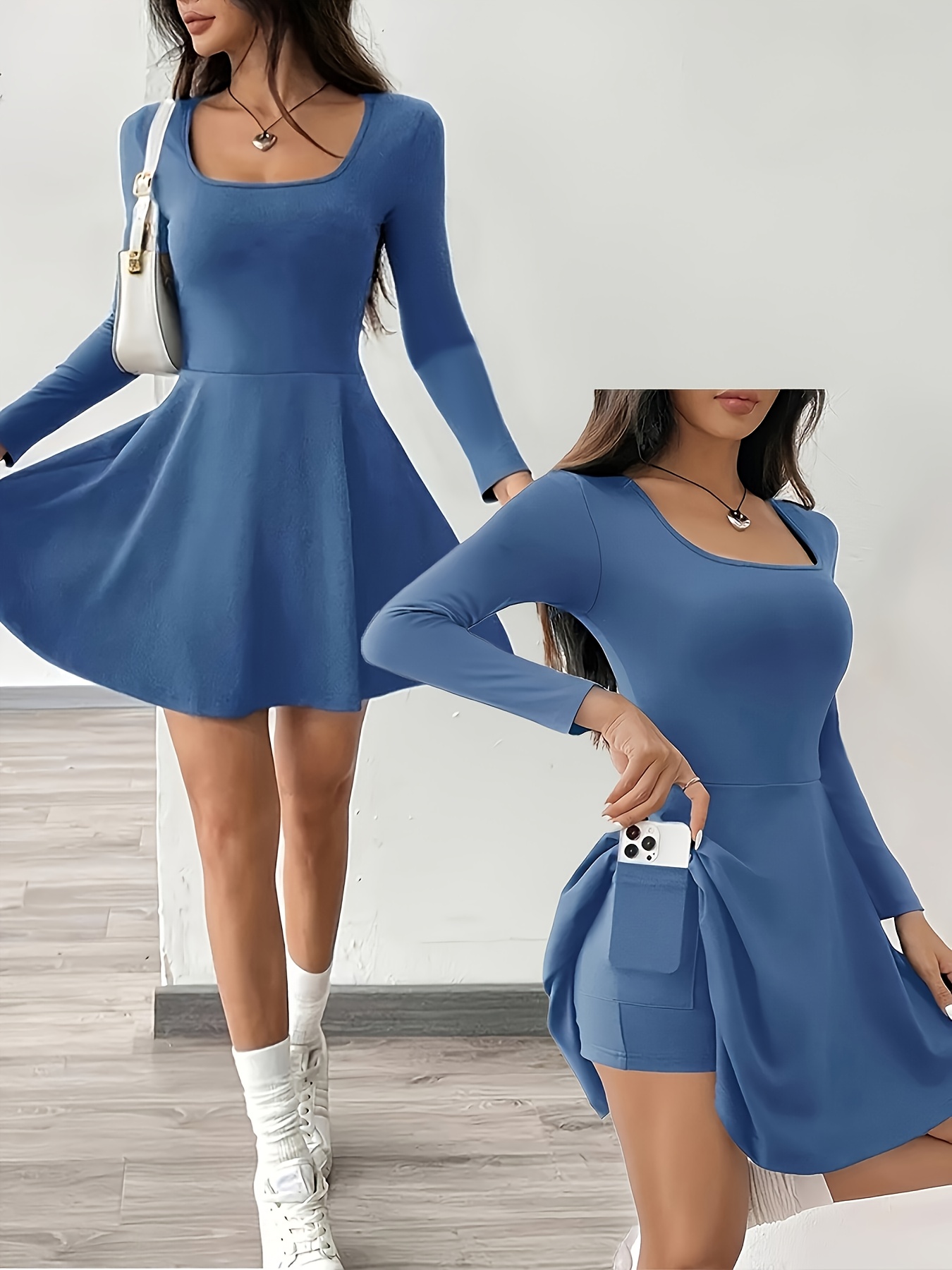 Elegante Nuevo Vestido Corto de Manga Larga para Principios de Otoño, con Bolsillos y un Diseño de Shorts Incorporado, Perfecto para el Hogar, Fitness y Atuendos de Fiesta