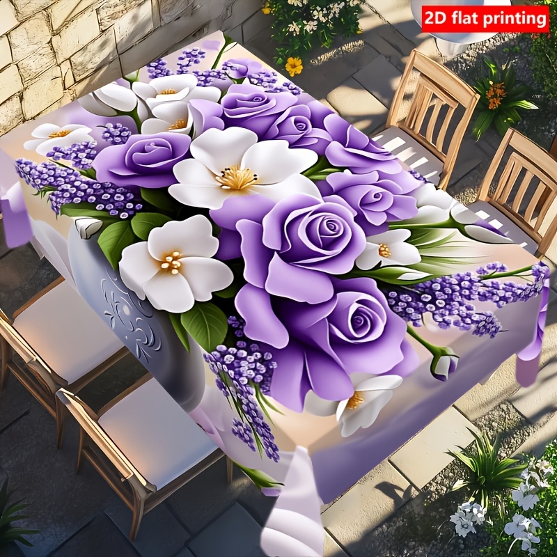 TEMU 2d Flat Printing, 1pc Purple Rose Bouquet Tablecloth, Durable Polyester Tablecloth, Elegant And Romantic, Rectangular, Washable, An Gift For ,
