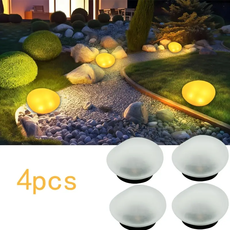 4er-Set kleine Steinlampen im neuen Stil als Rasenleuchte – Solar-Kieselkugellampe aus */für Hofbeleuchtung, Villen-Gartendekoration, 4 LED matte Lampenschirme, Solar-Mini-Kieselkugellampe,