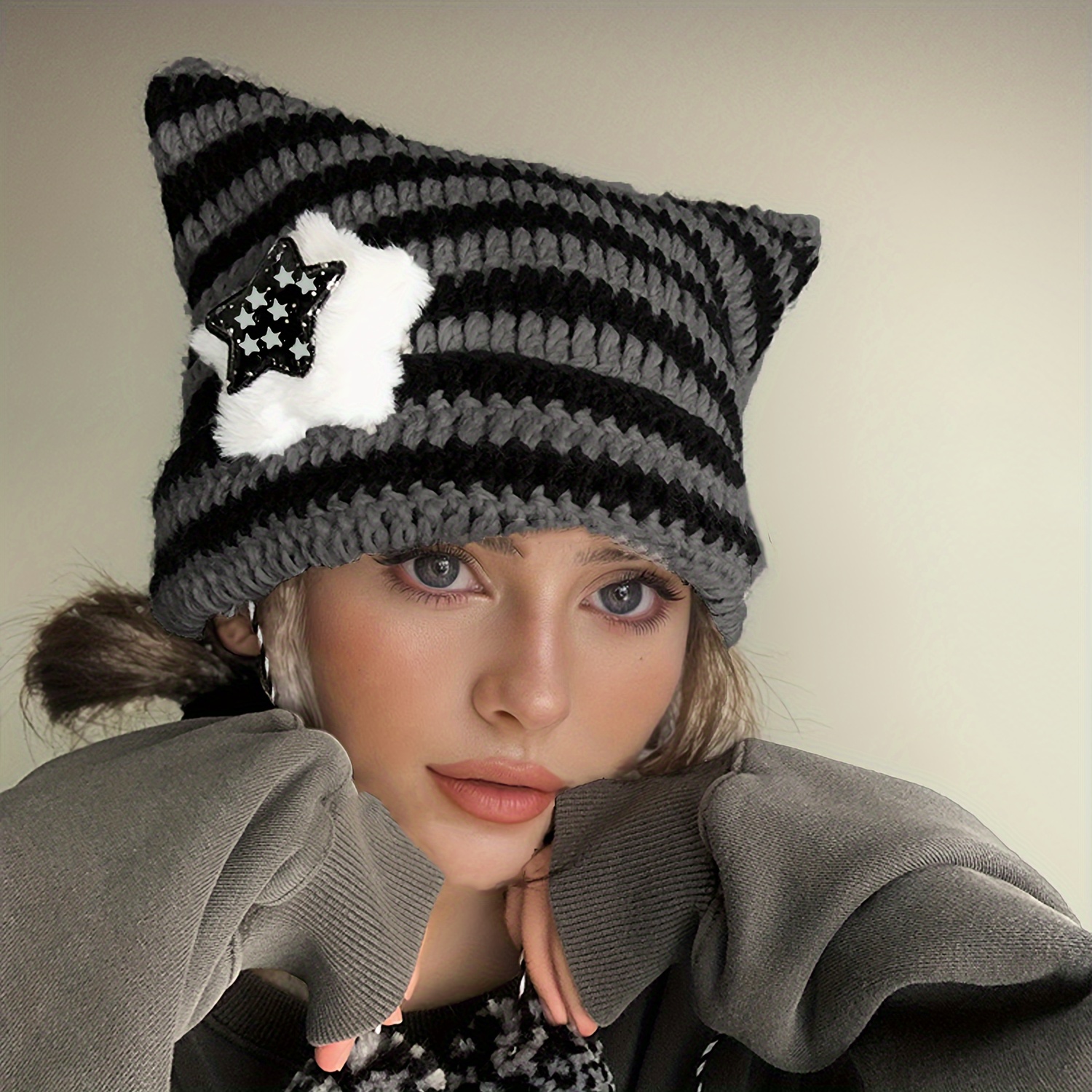 

Y2k-inspired Striped Knit Beanie With Cat Ears - Cozy & Warm, Fall/winter | Machine Washable Polyester, Chunky Yarn