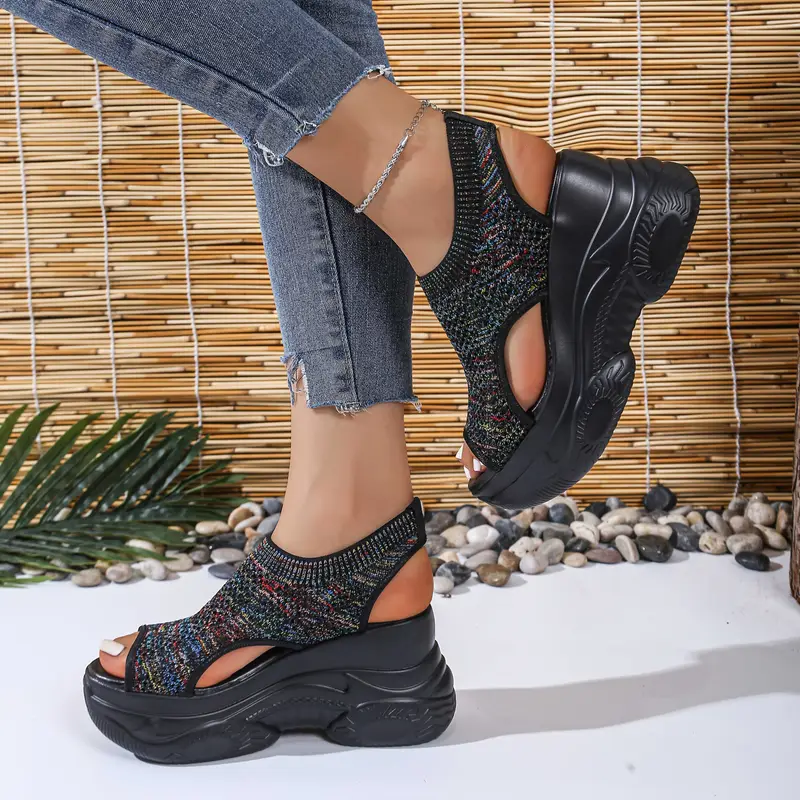 womens lightweight breathable crochet wedge sandals open toe thick sole casual shoes with ankle strap white colorful geometric for casual attire strappy sandals Product details 1