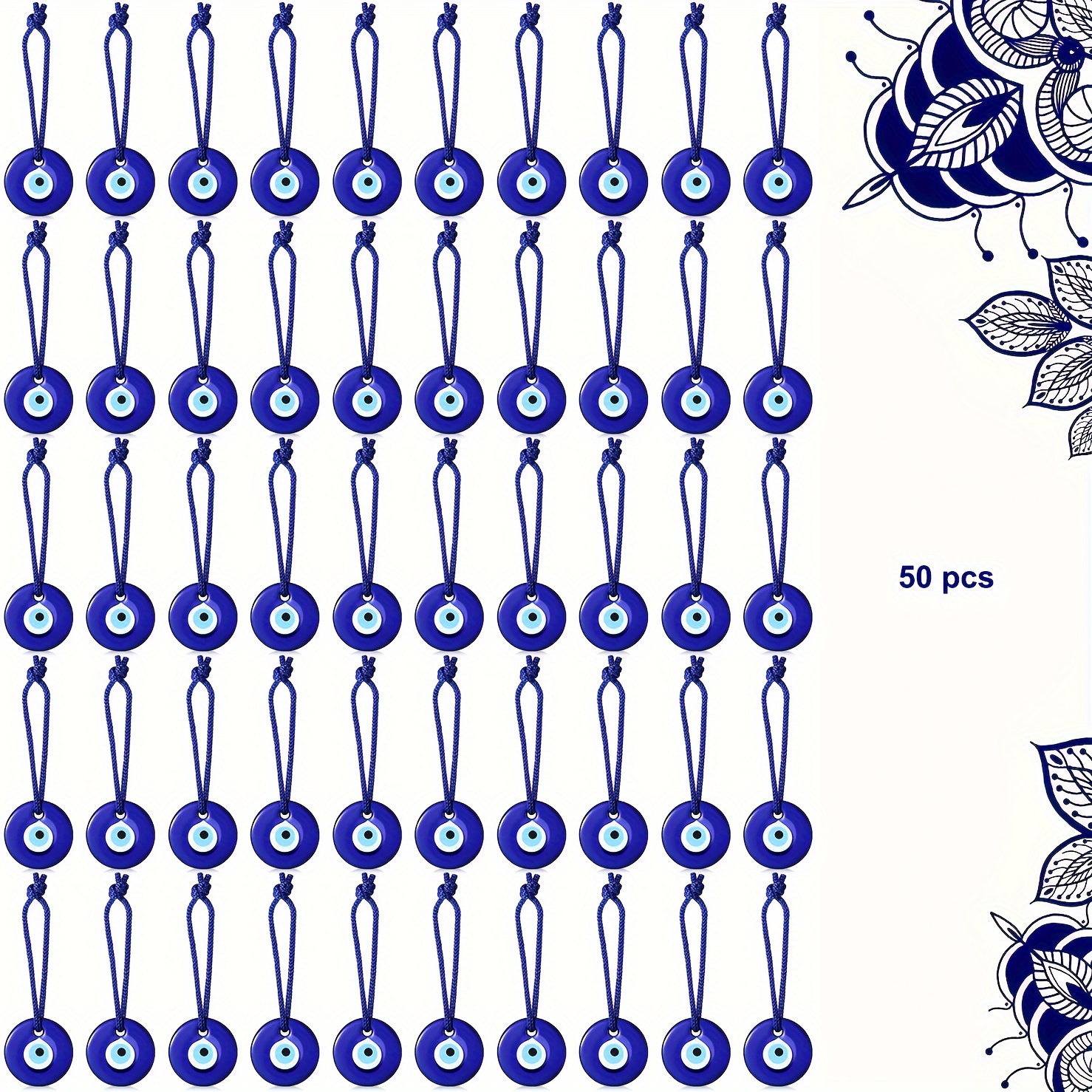 Image of 50pcs Glass Evil Eye Keyrings For Protection - Round Turkish Blue Beads Charms With Ropes, Suitable For Wedding, Birthday, Housewarming & Protection Charm, Holiday Theme Christmas, Halloween