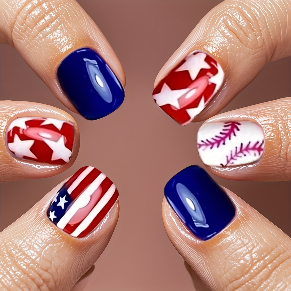 

24pcs Patriotic Press-on Nails Set - Short Square, Red & Flag And Baseball Star Designs, Removable False Nail Kit For Women & Girls