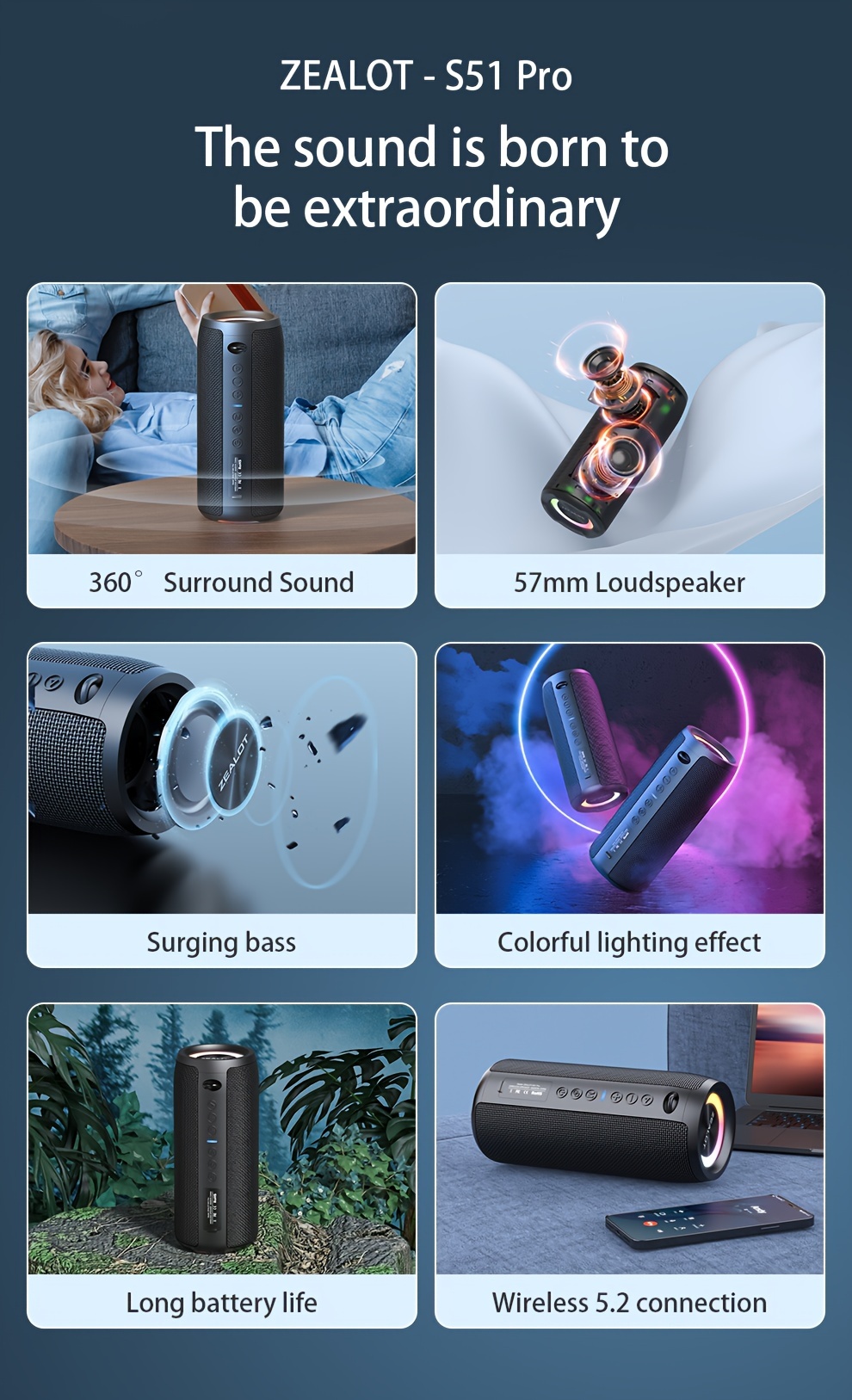 ZEALOT S51 Pro Haut-parleurs sans fil 40W - 16 heures d'autonomie, double appairage, basses explosives, IPX5, subwoofer portable avec port Type-C, chargement USB-C, son surround 7.2, pour la maison, la voiture, le camping, les voyages et l'extérieur