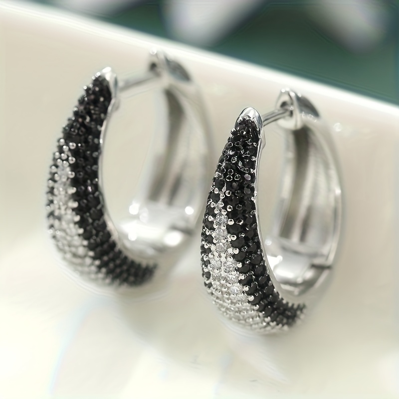 Image of Princess Synthetic Round White/black Cz Hoop Earrings For Women Luxury Additions Wedding Party Temperament Jewelry