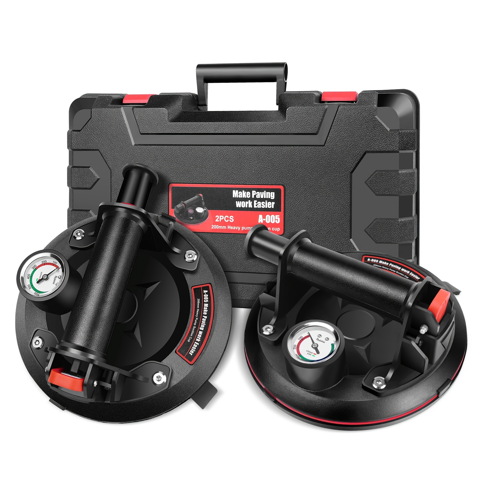 Image of 2pcs Vacuum Suction Cups, 8-inch Heavy Duty Glass Suckers Lifters With Pressure Gauge For Tile Granite Lifting Window Replacement, 440lbs Load Capacity, Black