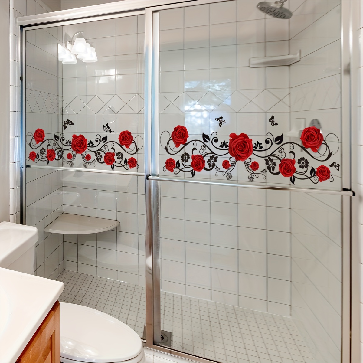 

2pcs Red Rose Flower Vine Butterfly Bathroom Wall Stickers, Toilet Bathroom Bathtub Washstand Home Decoration Wall Stickers
