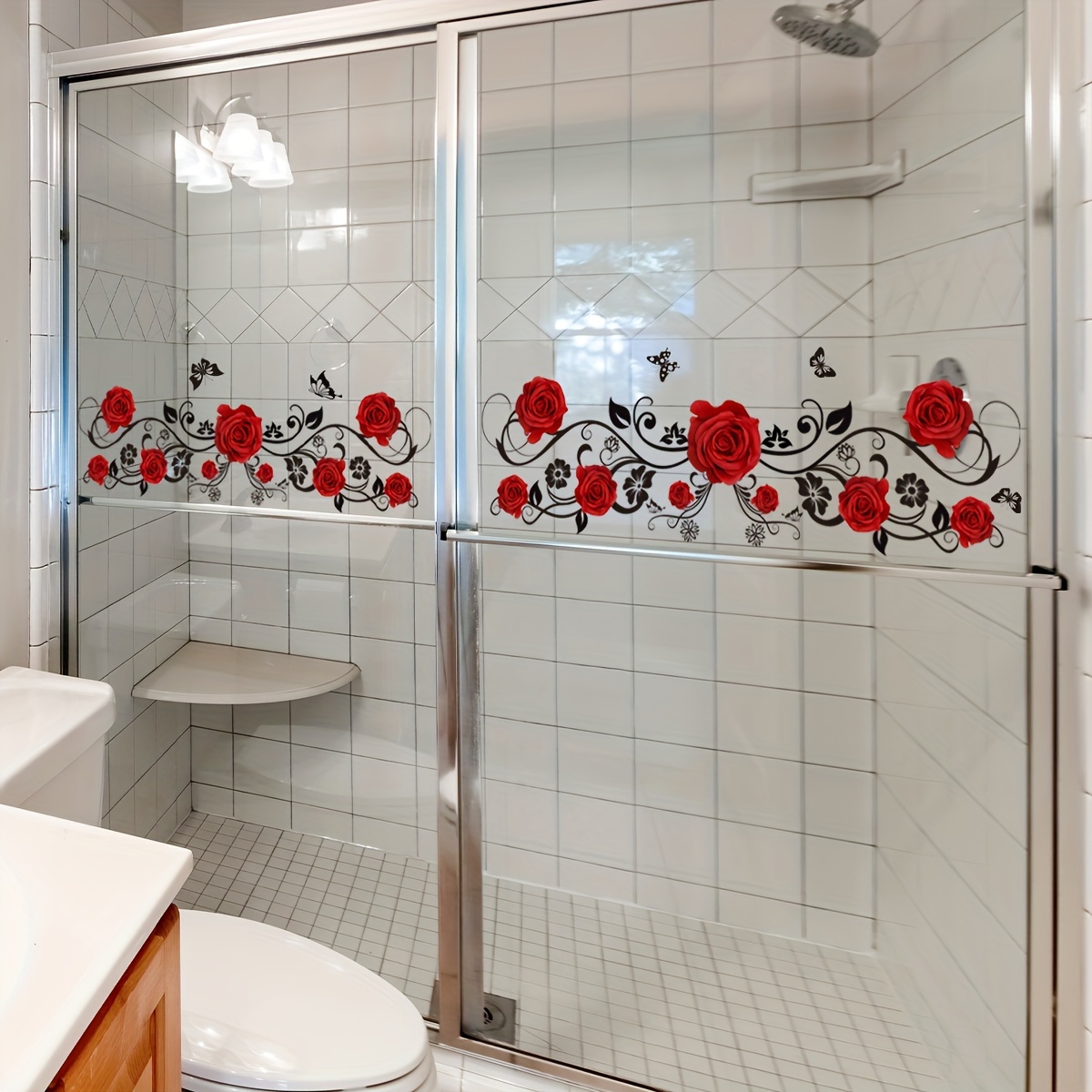 

2pcs Set Of 50*15cm Red Rose Vine Bathtub Stickers For Bathroom, Washstand, Home Decoration Wall Stickers, Summer Must Have