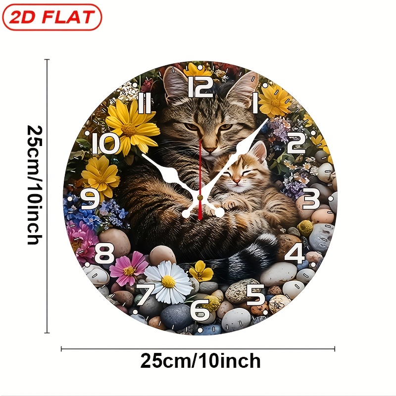 TEMU 2d Flat Clock, 1pc Themed Cute Cat Kitten Floral Stone, European & American Round Silent Wooden Wall Clock With Reliable Quartz Movement.