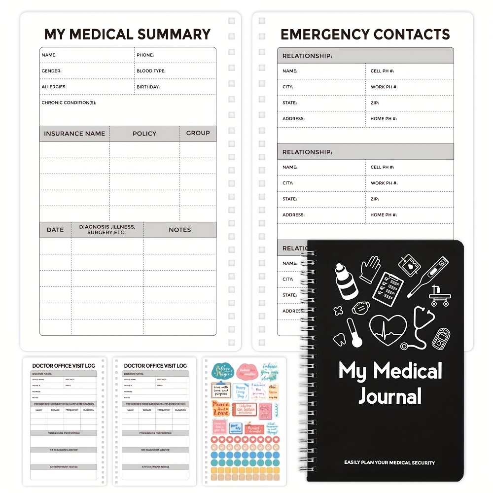 TEMU 57 Sheets Personal Medical Journal - Black Notebook With Medical Icons, Ideal For Home Nursing & Living, Health , Log Book, Supplies, Medical