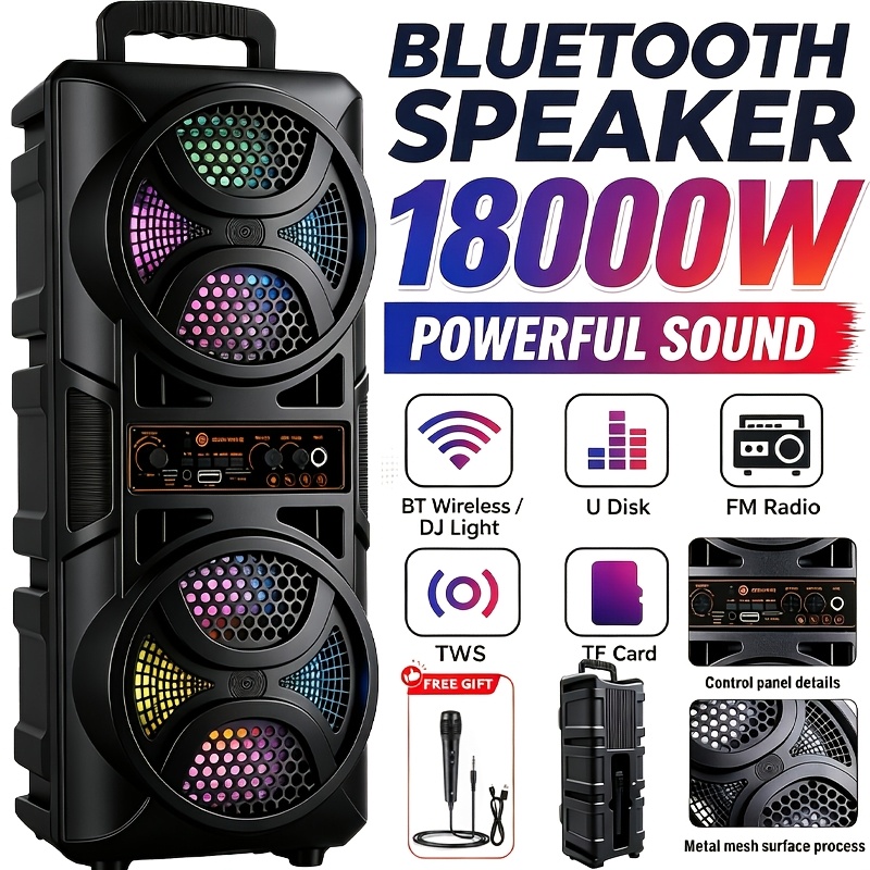 TEMU 18000w Portable Wireless For Dual 6.5 Subwoofers Rgb Dj Lights Tws Stereo Fm Radio Rechargeable Karaoke Speaker With Wired Microphone, Support