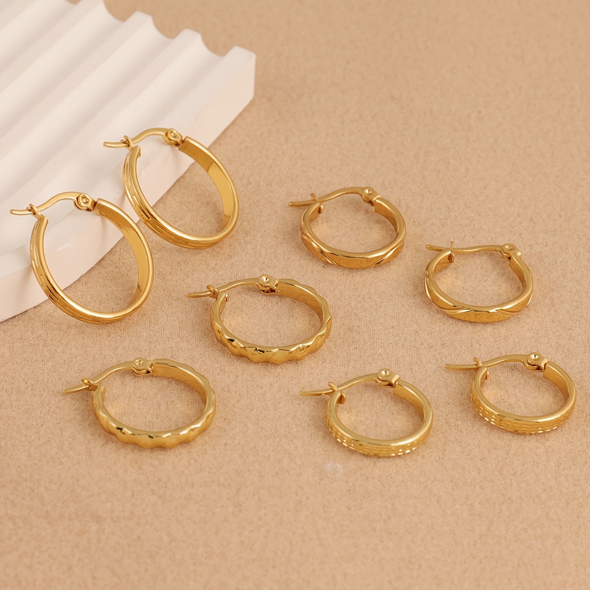 TEMU 4 Pairs/sets Of 316 316 316 Steel Golden Round Embossed Ring Earrings, Hypoallergenic, Non-fading, Comfortable And Versatile Earrings, Suitable