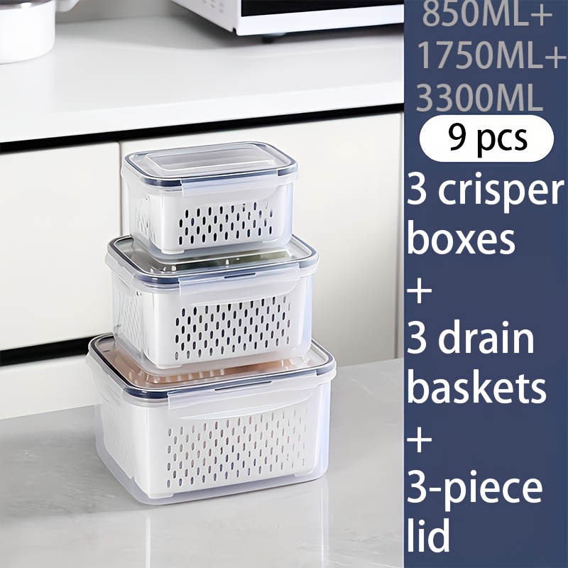 Image of 9pcs (3 Containers + 3 Lids + 3 Draining Baskets) Plastic Food Storage Containers - Leak-proof, Freezer-safe, Reusable Kitchen Storage Boxes, Suitable For Fruits, Vegetables, And Most Of Food
