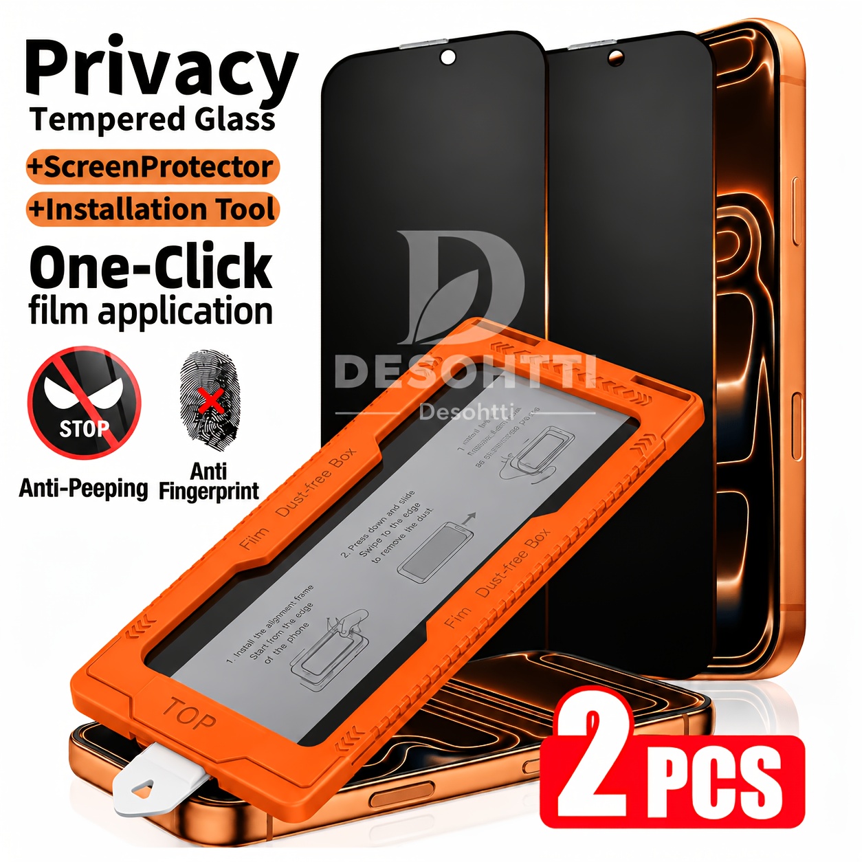 TEMU 2pcs Dust Free Chamber Anti Spy Privacy Tempered Glass Screen Protector, 1 Click Installation, Scratch Resistant, Installation Kit Included,