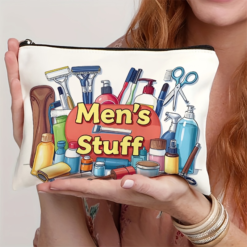 TEMU Men's Funny "men's Stuff" Labeling Cosmetic Bag - Reusable Travel Organizer With Toiletry Icons, Durable Zipper Closure, Lightweight & Suitable
