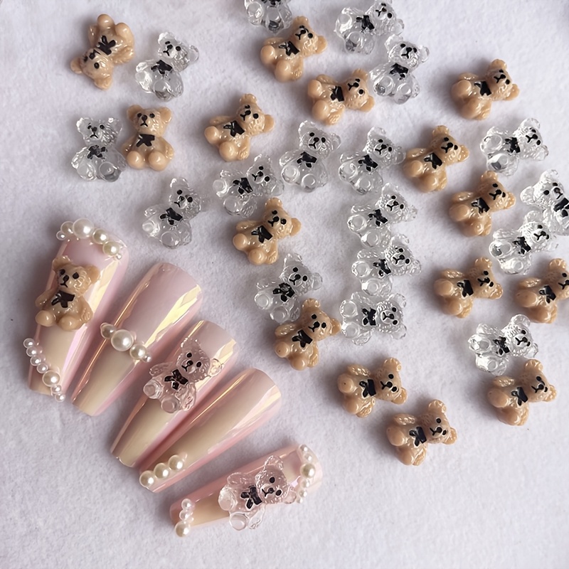 Image of 20pcs 3d Cartoon Bear Nail Art Charms, Transparent & Khaki Mixed Resin Nail Decorations, Cute Diy Jelly Bear Nail Jewelry, Unscented
