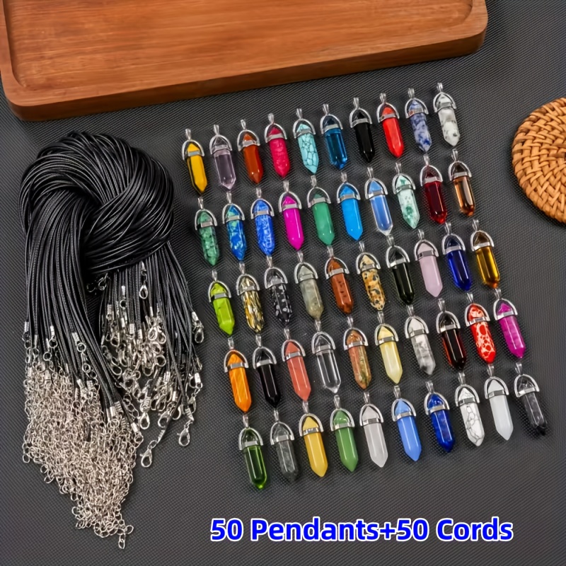Image of A Collection Of 100 Hexagonal Synthetic Gemstone Pendants In Colors, With A Black Necklace Chain, Perfect For Your Own Necklaces, Bracelets, And Earrings For Everyday Use, Parties, Or As Holiday Gifts