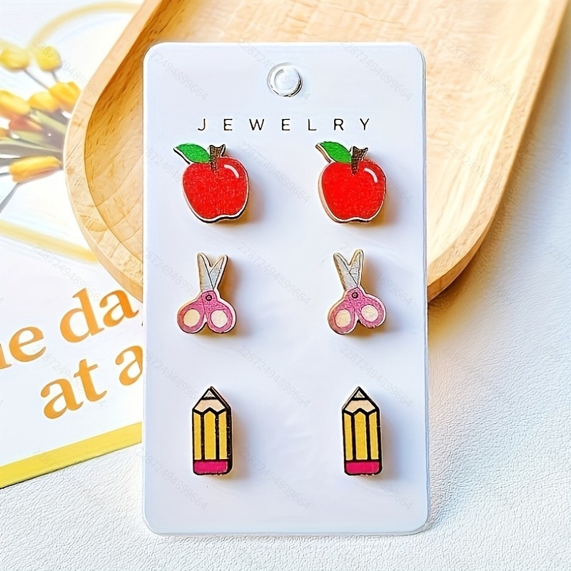TEMU A Set Of 3 Pairs Of Wooden Cartoon Earrings For Teacher's Day, Themed Around , Pencils, Rulers, Crayons, Scissors, As A Fun Back To Holiday Gift